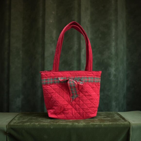 Red Quilted Christmas Tote & Wallet Set, Tartan Plaid Bow, Zip Top Shoulder Bag - Picture 8 of 8